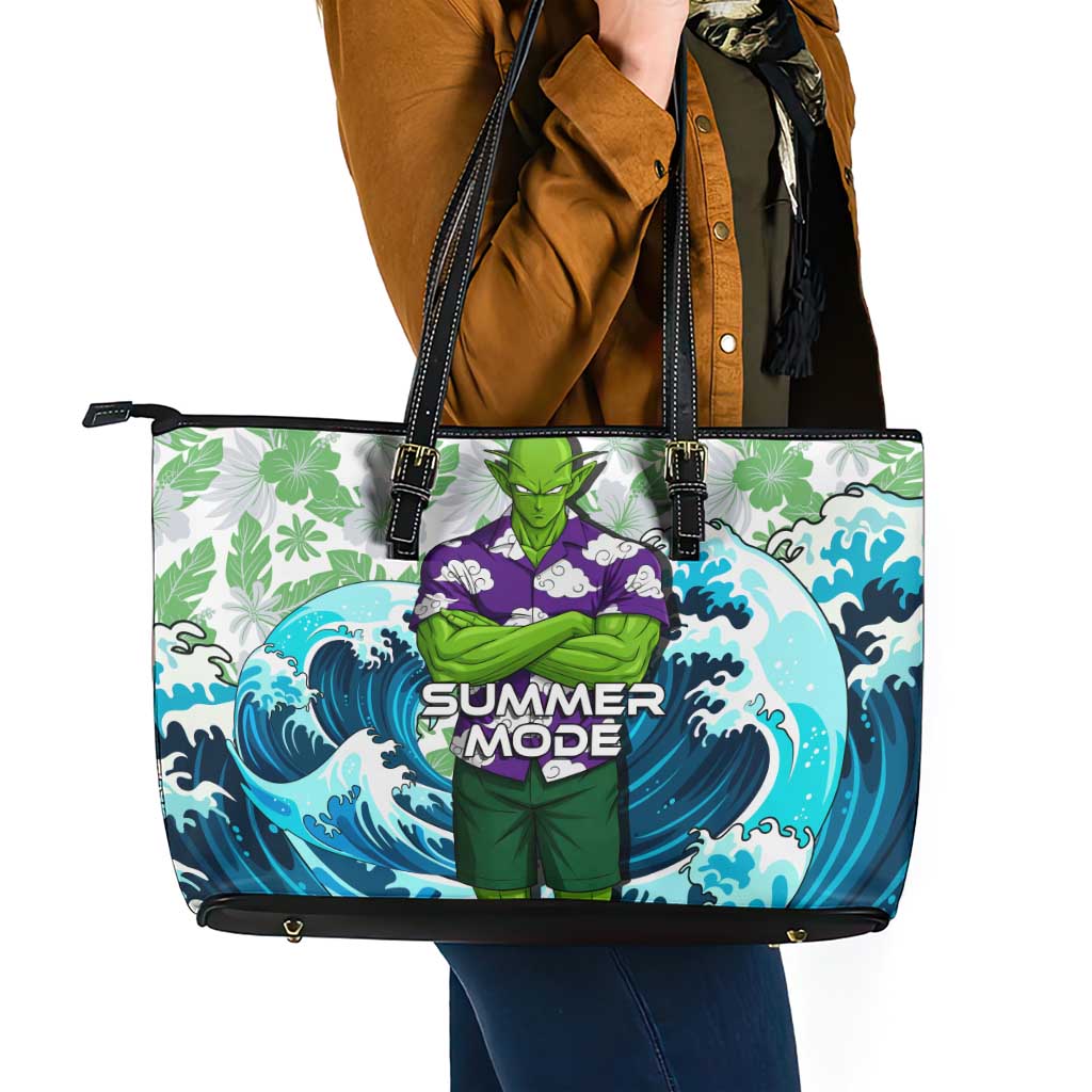 Piccolo Dragon Ball Summer Theme Leather Tote Bag with Tropical Shirt Shenron Background and Ocean Wave Design - The Mazicc