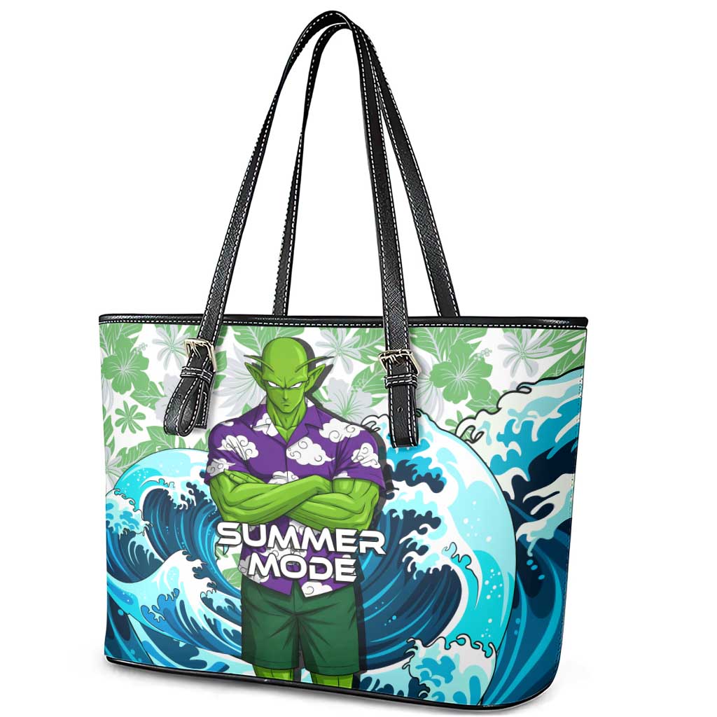 Piccolo Dragon Ball Summer Theme Leather Tote Bag with Tropical Shirt Shenron Background and Ocean Wave Design - The Mazicc