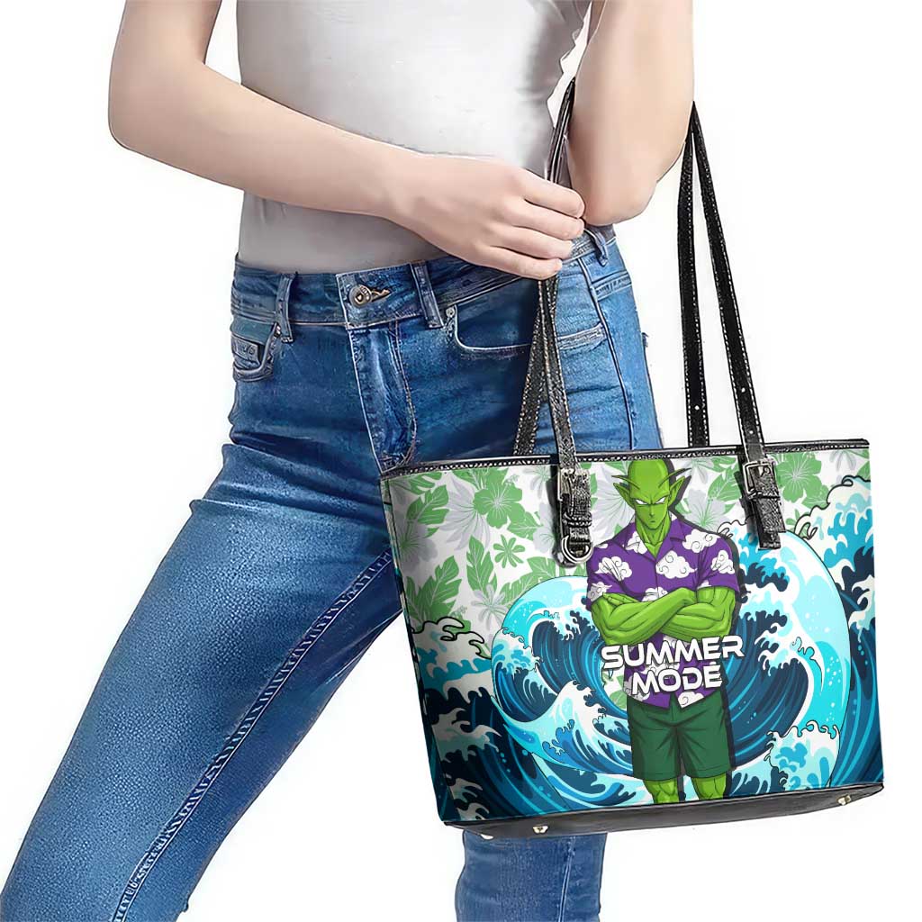 Piccolo Dragon Ball Summer Theme Leather Tote Bag with Tropical Shirt Shenron Background and Ocean Wave Design - The Mazicc