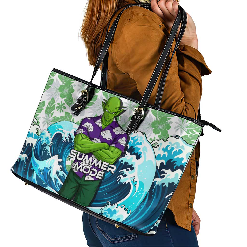 Piccolo Dragon Ball Summer Theme Leather Tote Bag with Tropical Shirt Shenron Background and Ocean Wave Design - The Mazicc