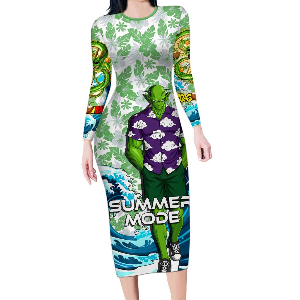 Piccolo Dragon Ball Summer Theme Long Sleeve Bodycon Dress with Tropical Shirt Shenron Background and Ocean Wave Design - The Mazicc