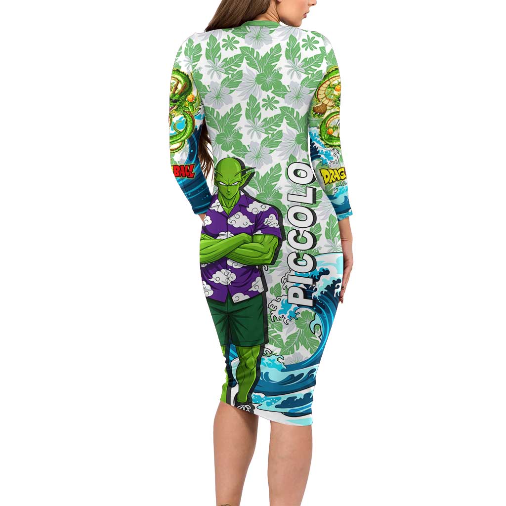 Piccolo Dragon Ball Summer Theme Long Sleeve Bodycon Dress with Tropical Shirt Shenron Background and Ocean Wave Design - The Mazicc