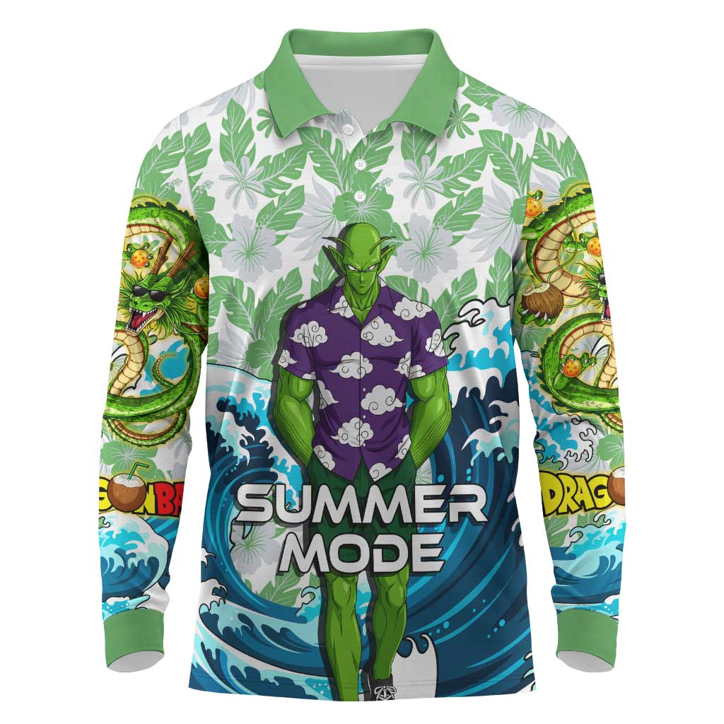 Piccolo Dragon Ball Summer Theme Long Sleeve Polo Shirt with Tropical Shirt Shenron Background and Ocean Wave Design - The Mazicc