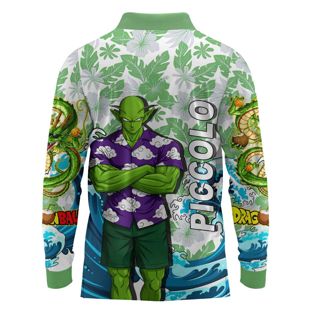 Piccolo Dragon Ball Summer Theme Long Sleeve Polo Shirt with Tropical Shirt Shenron Background and Ocean Wave Design - The Mazicc