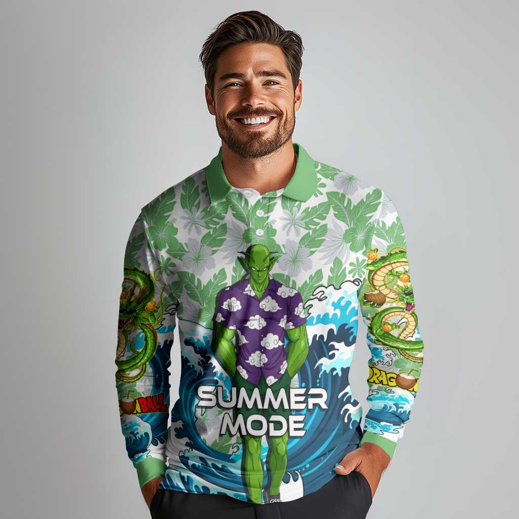 Piccolo Dragon Ball Summer Theme Long Sleeve Polo Shirt with Tropical Shirt Shenron Background and Ocean Wave Design - The Mazicc
