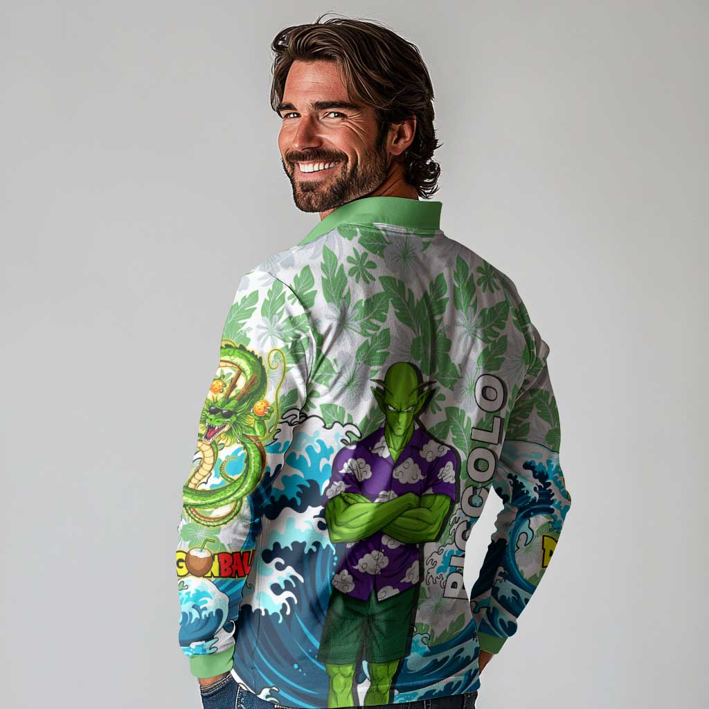 Piccolo Dragon Ball Summer Theme Long Sleeve Polo Shirt with Tropical Shirt Shenron Background and Ocean Wave Design - The Mazicc
