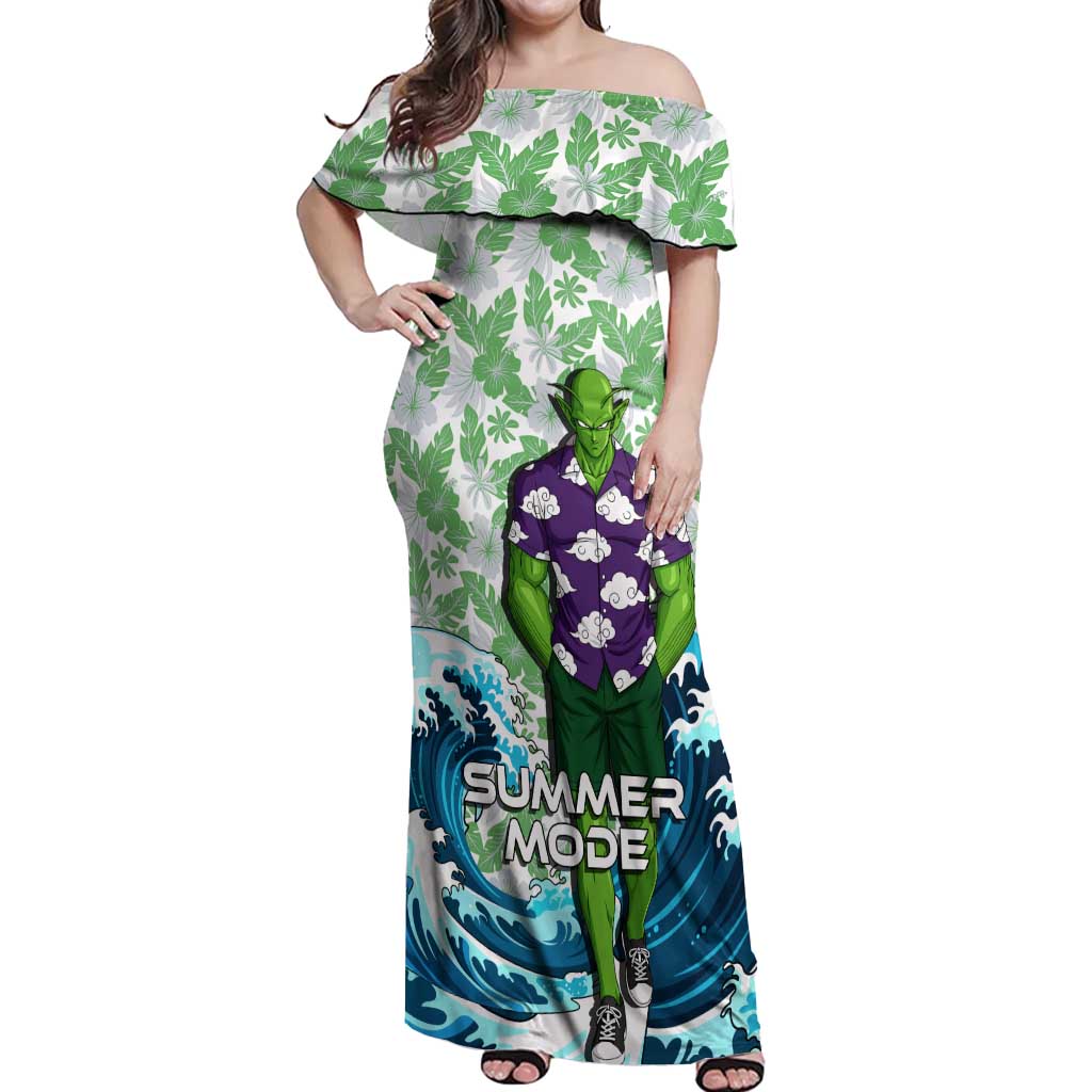 Piccolo Dragon Ball Summer Theme Off Shoulder Maxi Dress with Tropical Shirt Shenron Background and Ocean Wave Design - The Mazicc
