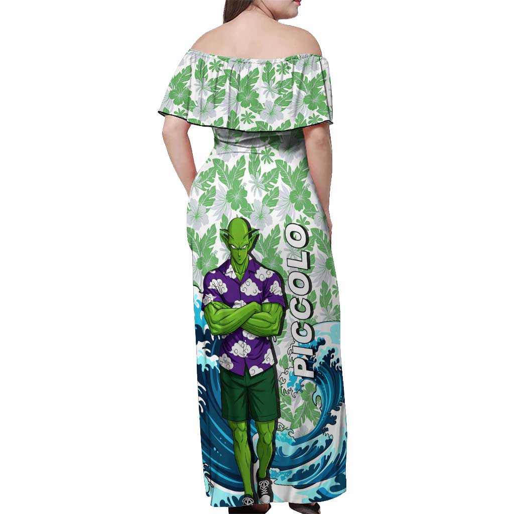 Piccolo Dragon Ball Summer Theme Off Shoulder Maxi Dress with Tropical Shirt Shenron Background and Ocean Wave Design - The Mazicc