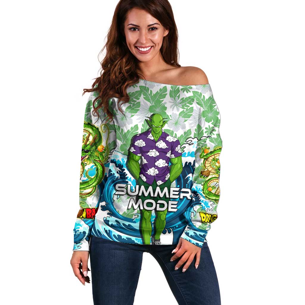Piccolo Dragon Ball Summer Theme Off Shoulder Sweater with Tropical Shirt Shenron Background and Ocean Wave Design - The Mazicc