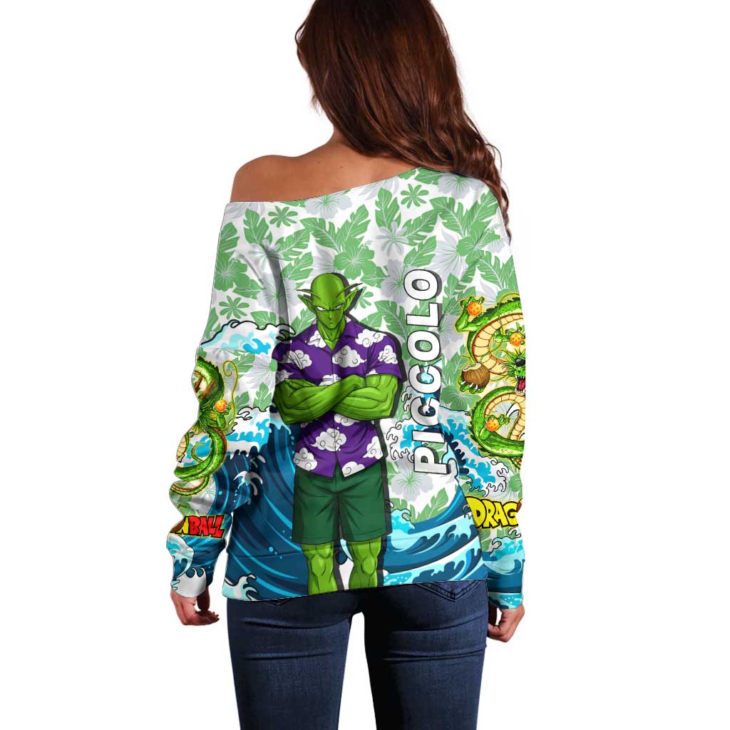 Piccolo Dragon Ball Summer Theme Off Shoulder Sweater with Tropical Shirt Shenron Background and Ocean Wave Design - The Mazicc