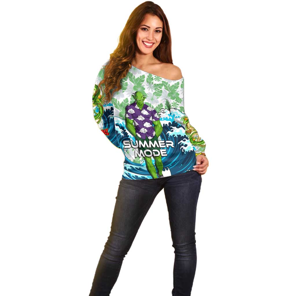 Piccolo Dragon Ball Summer Theme Off Shoulder Sweater with Tropical Shirt Shenron Background and Ocean Wave Design - The Mazicc