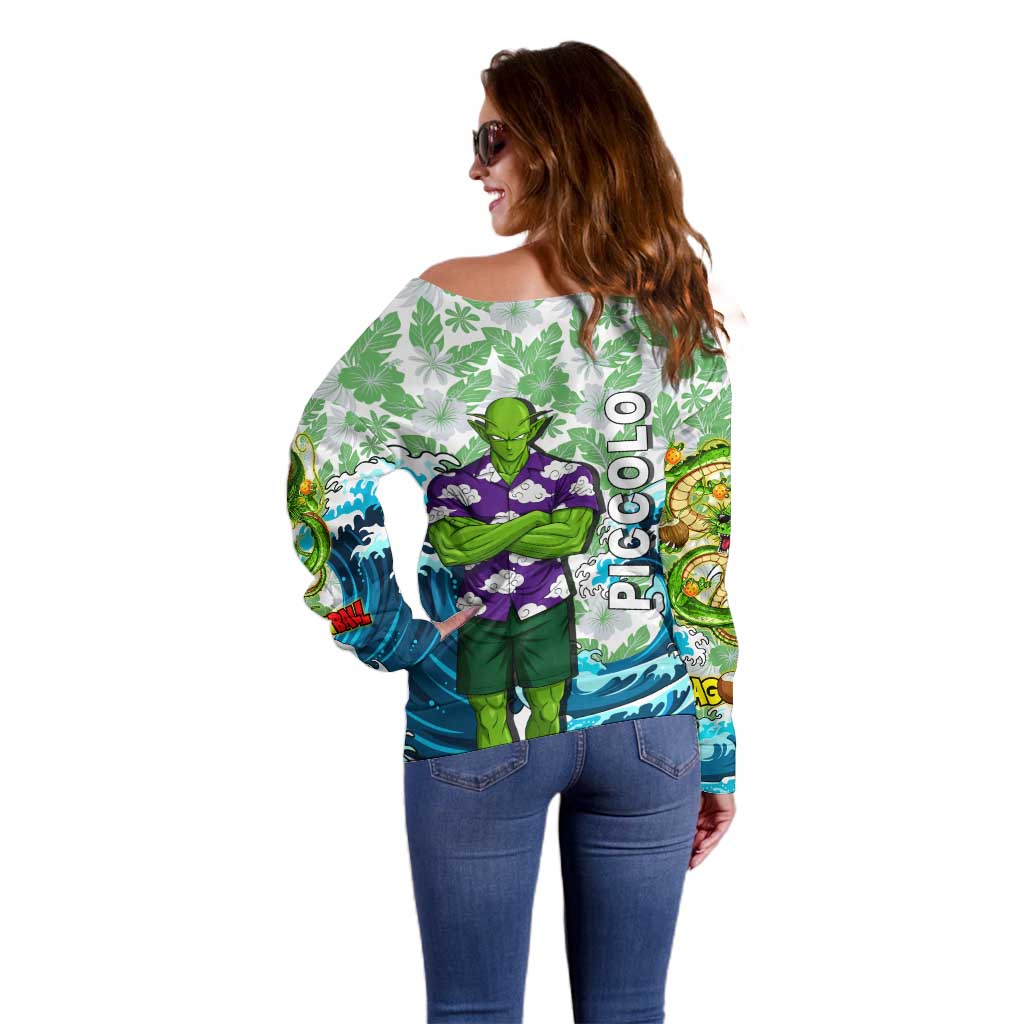 Piccolo Dragon Ball Summer Theme Off Shoulder Sweater with Tropical Shirt Shenron Background and Ocean Wave Design - The Mazicc
