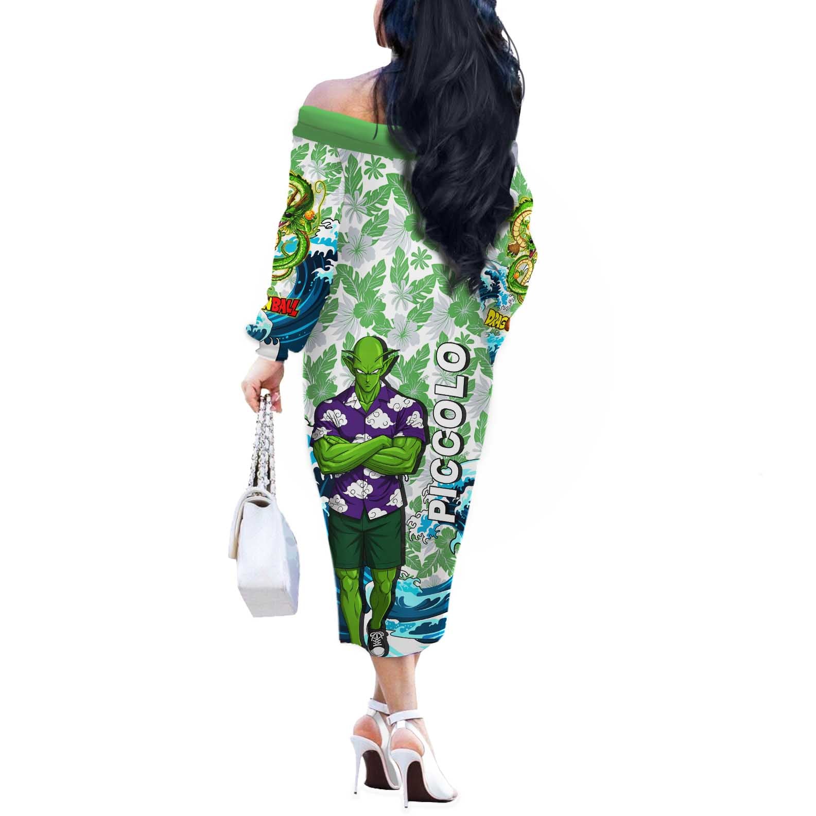 Piccolo Dragon Ball Summer Theme Off The Shoulder Long Sleeve Dress with Tropical Shirt Shenron Background and Ocean Wave Design - The Mazicc