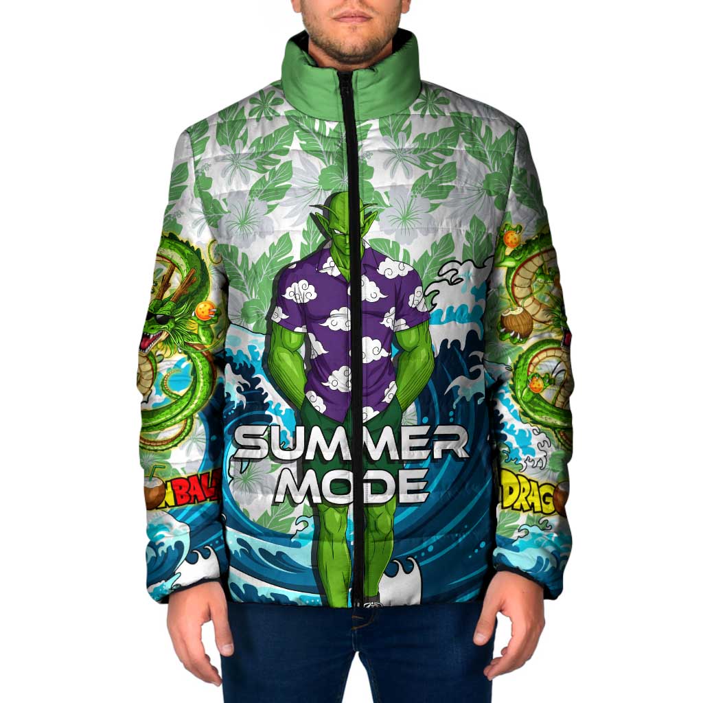 Piccolo Dragon Ball Summer Theme Padded Jacket with Tropical Shirt Shenron Background and Ocean Wave Design - The Mazicc