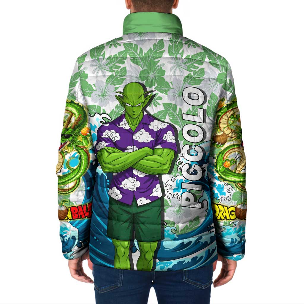 Piccolo Dragon Ball Summer Theme Padded Jacket with Tropical Shirt Shenron Background and Ocean Wave Design - The Mazicc