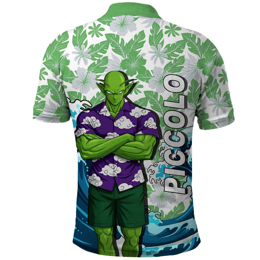 Piccolo Dragon Ball Summer Theme Polo Shirt with Tropical Shirt Shenron Background and Ocean Wave Design - The Mazicc