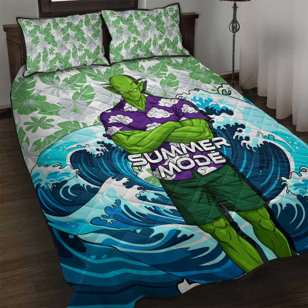 Piccolo Dragon Ball Summer Theme Quilt Bed Set with Tropical Shirt Shenron Background and Ocean Wave Design - The Mazicc