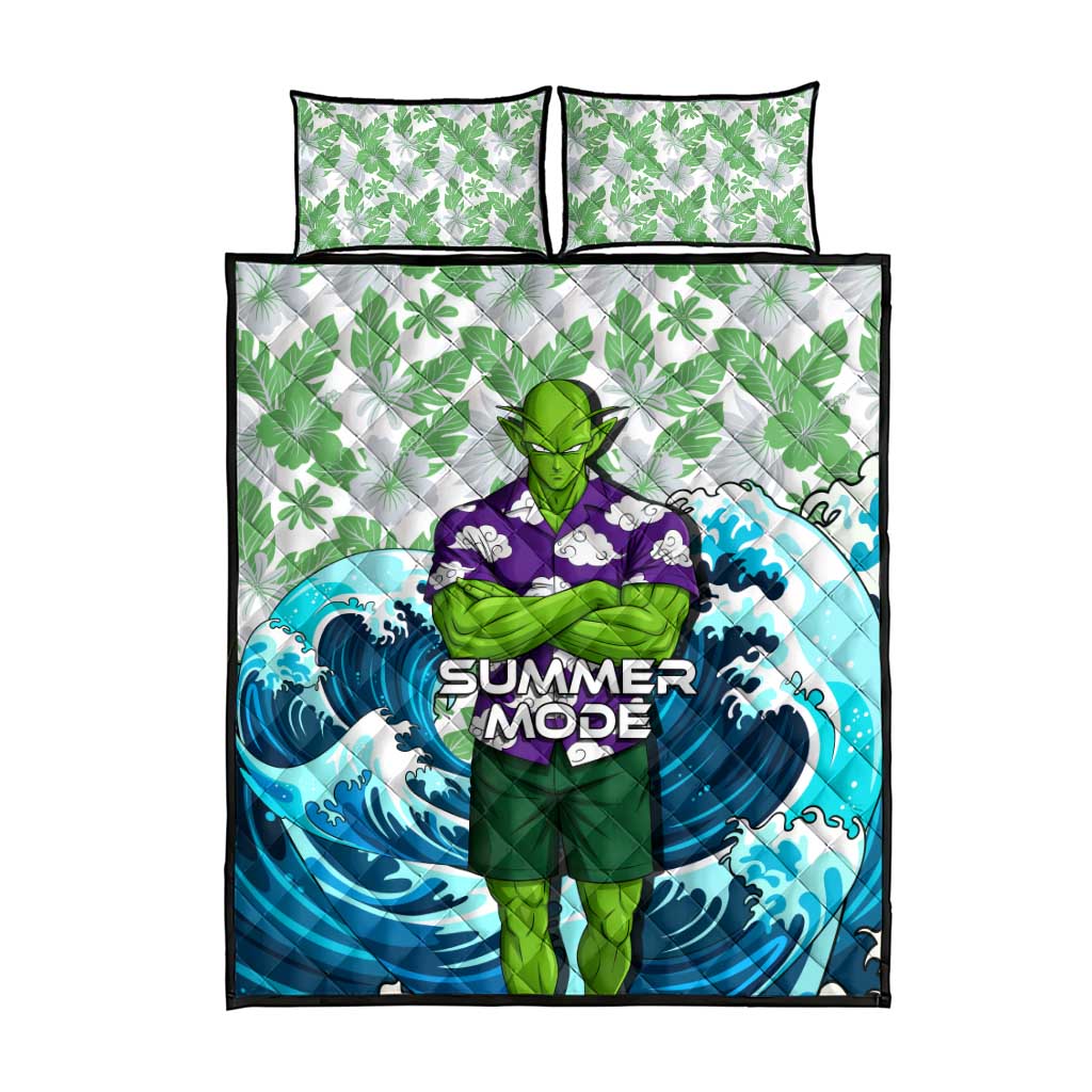 Piccolo Dragon Ball Summer Theme Quilt Bed Set with Tropical Shirt Shenron Background and Ocean Wave Design - The Mazicc