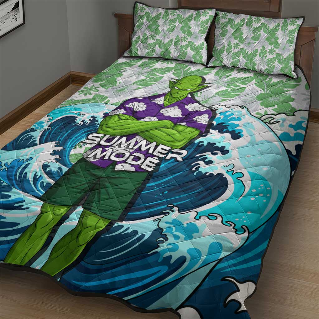 Piccolo Dragon Ball Summer Theme Quilt Bed Set with Tropical Shirt Shenron Background and Ocean Wave Design - The Mazicc