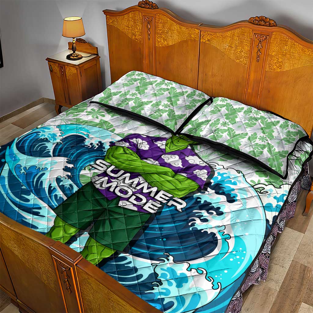 Piccolo Dragon Ball Summer Theme Quilt Bed Set with Tropical Shirt Shenron Background and Ocean Wave Design - The Mazicc