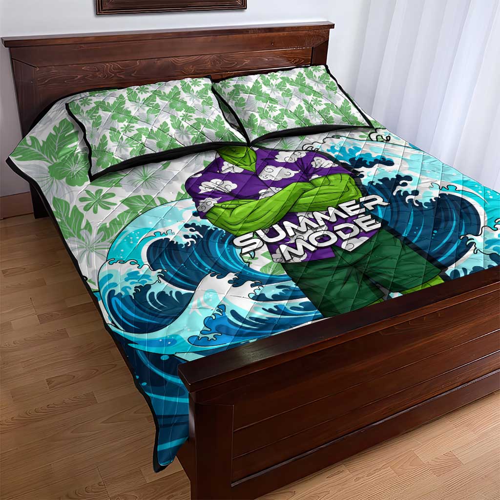 Piccolo Dragon Ball Summer Theme Quilt Bed Set with Tropical Shirt Shenron Background and Ocean Wave Design - The Mazicc