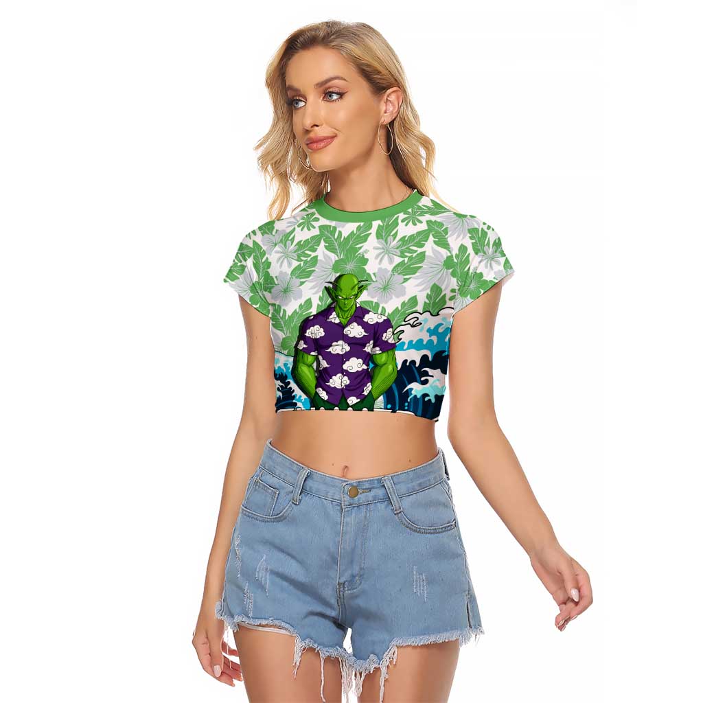 Piccolo Dragon Ball Summer Theme Raglan Cropped T Shirt with Tropical Shirt Shenron Background and Ocean Wave Design - The Mazicc
