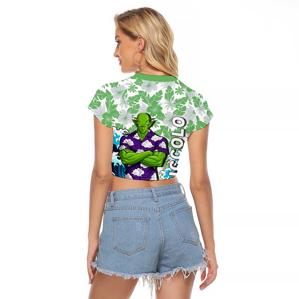 Piccolo Dragon Ball Summer Theme Raglan Cropped T Shirt with Tropical Shirt Shenron Background and Ocean Wave Design - The Mazicc