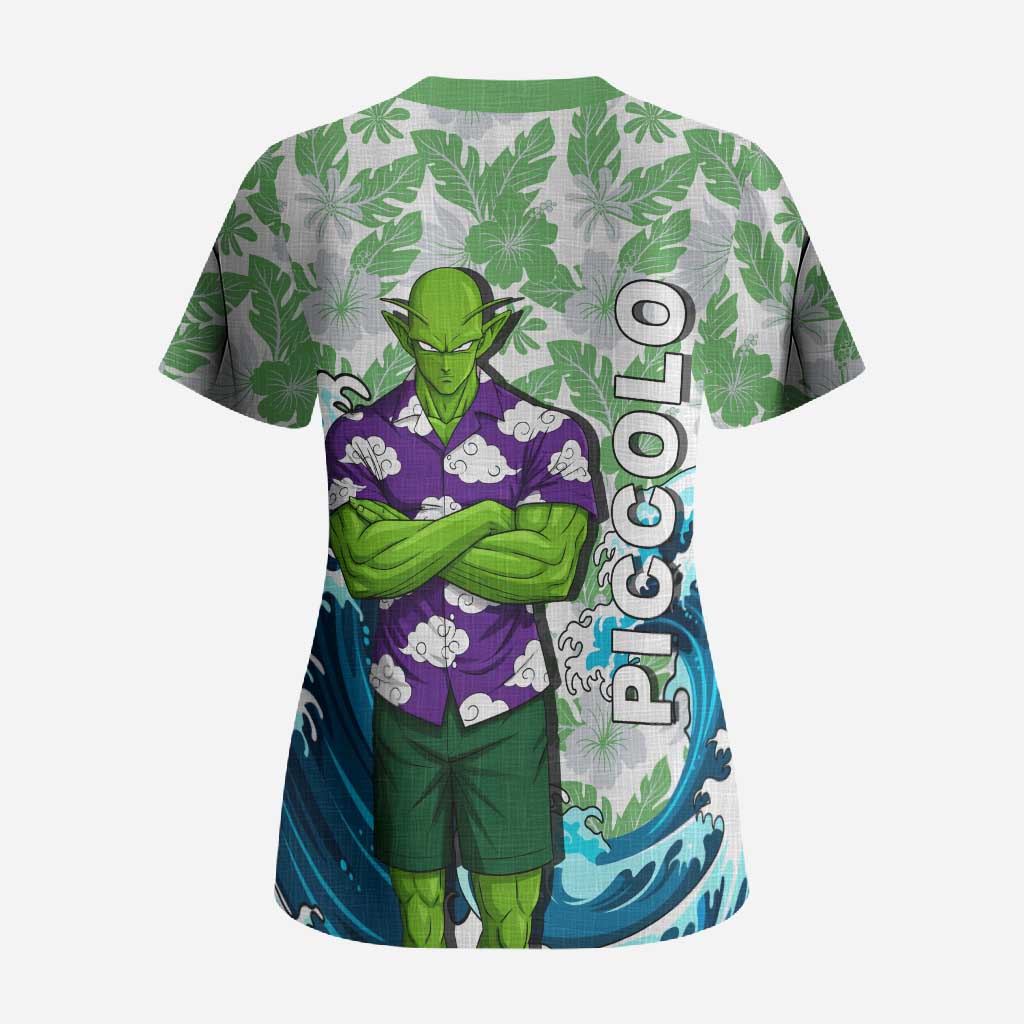 Piccolo Dragon Ball Summer Theme Scrub Top with Tropical Shirt Shenron Background and Ocean Wave Design - The Mazicc