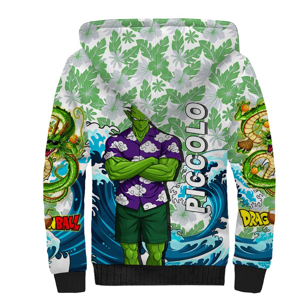 Piccolo Dragon Ball Summer Theme Sherpa Hoodie with Tropical Shirt Shenron Background and Ocean Wave Design - The Mazicc
