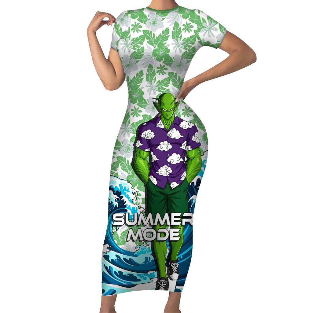 Piccolo Dragon Ball Summer Theme Short Sleeve Bodycon Dress with Tropical Shirt Shenron Background and Ocean Wave Design - The Mazicc