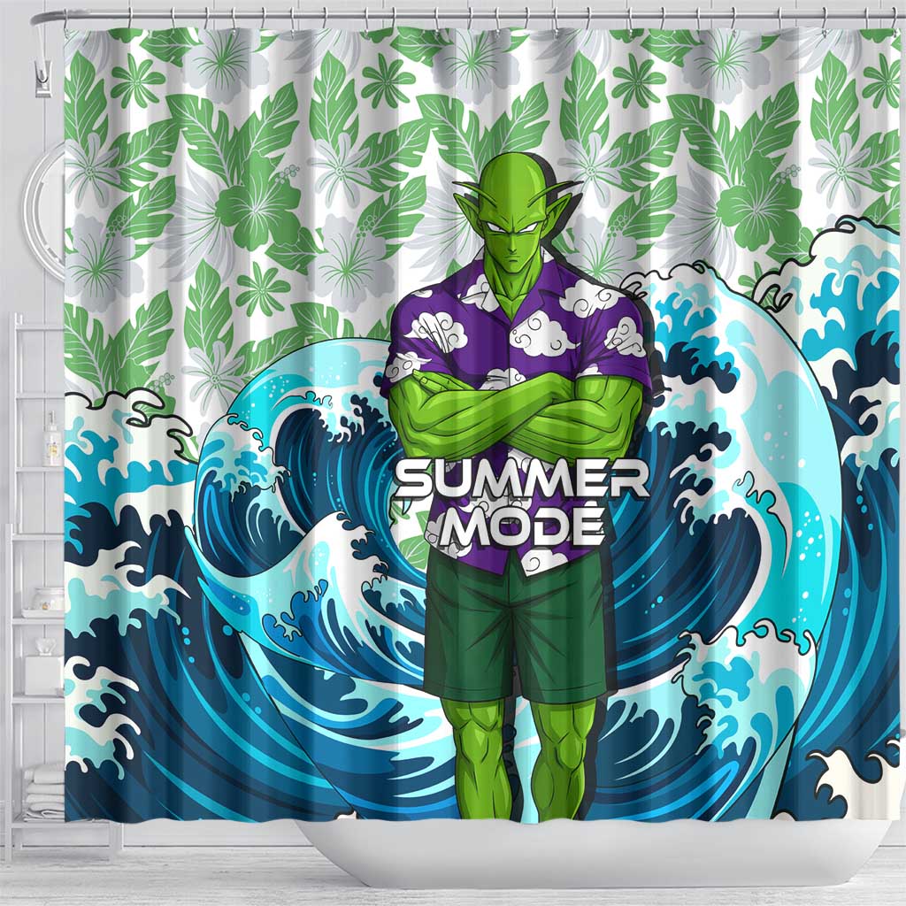 Piccolo Dragon Ball Summer Theme Shower Curtain with Tropical Shirt Shenron Background and Ocean Wave Design - The Mazicc