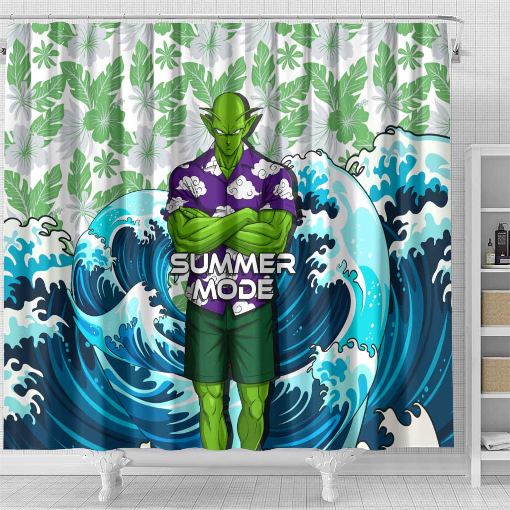 Piccolo Dragon Ball Summer Theme Shower Curtain with Tropical Shirt Shenron Background and Ocean Wave Design - The Mazicc