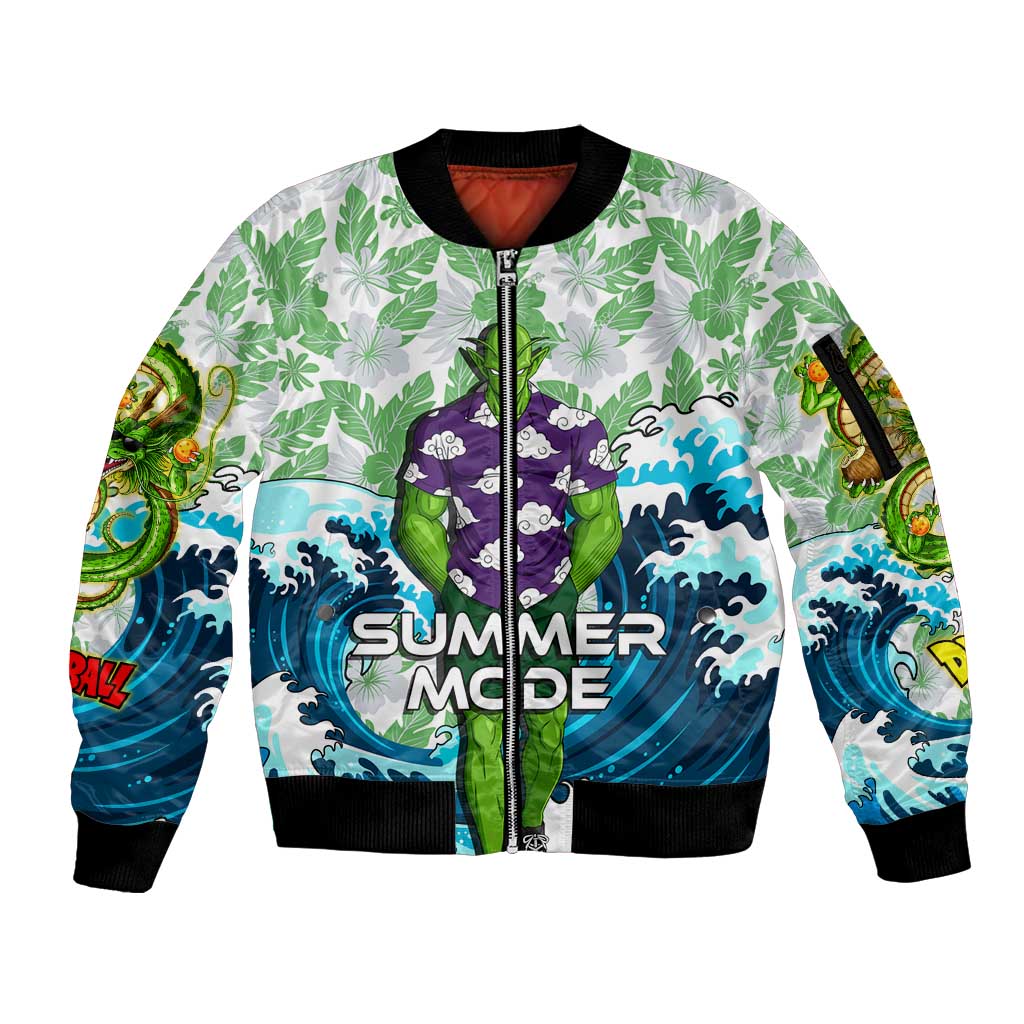 Piccolo Dragon Ball Summer Theme Sleeve Zip Bomber Jacket with Tropical Shirt Shenron Background and Ocean Wave Design - The Mazicc