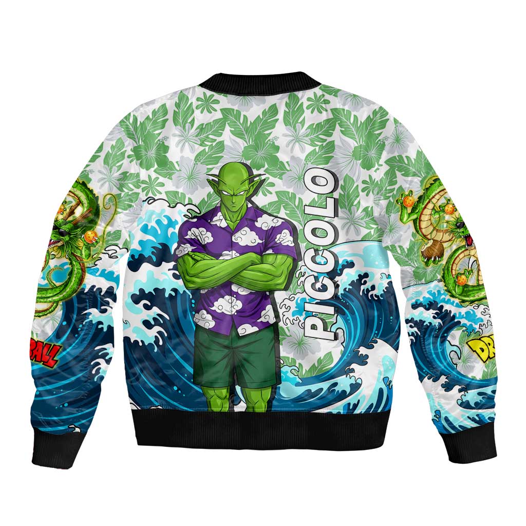 Piccolo Dragon Ball Summer Theme Sleeve Zip Bomber Jacket with Tropical Shirt Shenron Background and Ocean Wave Design - The Mazicc