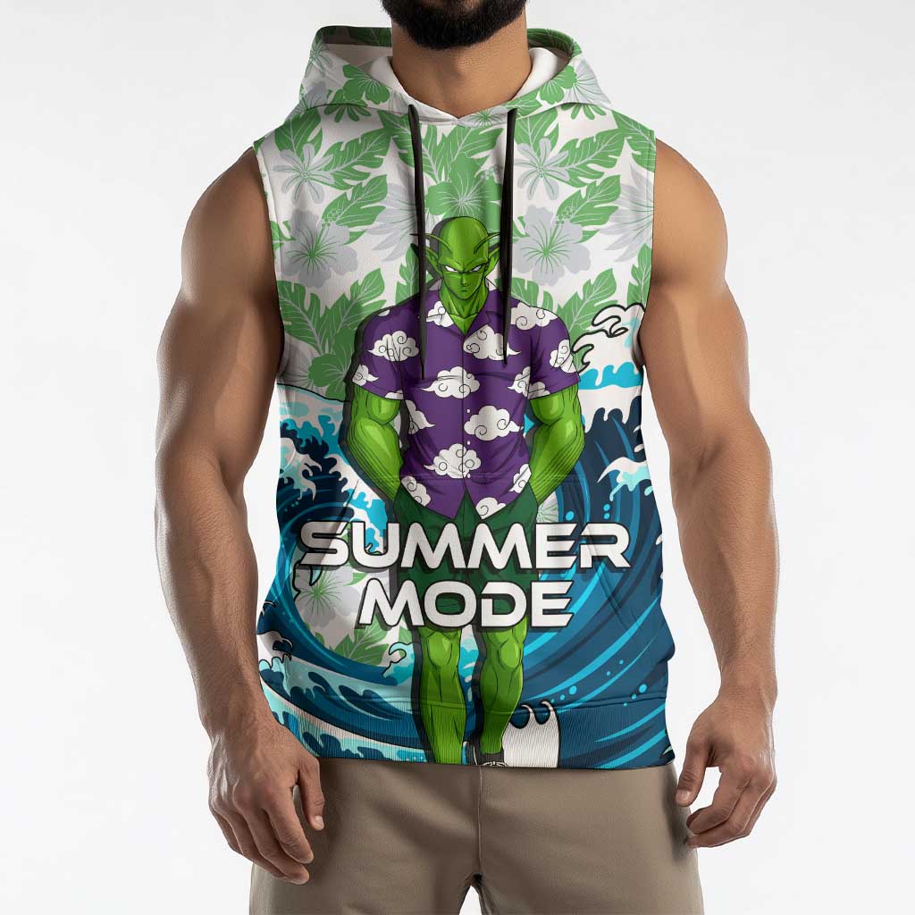 Piccolo Dragon Ball Summer Theme Sleeveless Hoodie with Tropical Shirt Shenron Background and Ocean Wave Design - The Mazicc