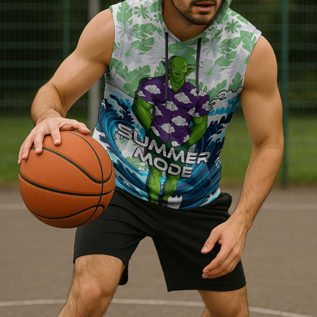 Piccolo Dragon Ball Summer Theme Sleeveless Hoodie with Tropical Shirt Shenron Background and Ocean Wave Design - The Mazicc