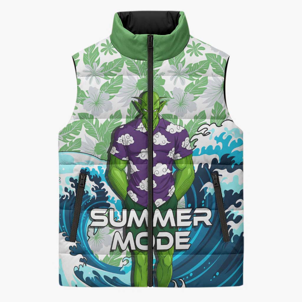 Piccolo Dragon Ball Summer Theme Sleeveless Puffer Jacket with Tropical Shirt Shenron Background and Ocean Wave Design - The Mazicc