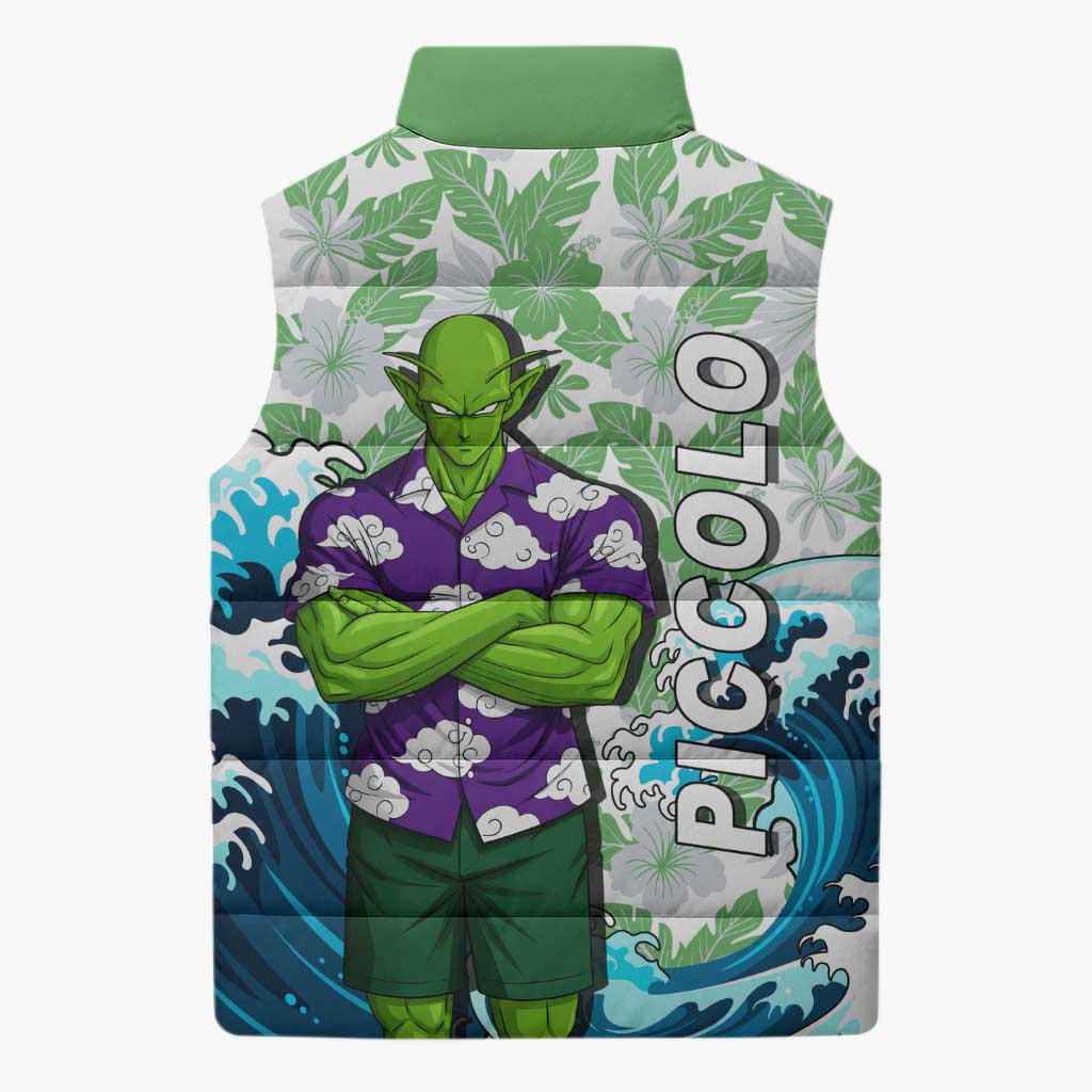 Piccolo Dragon Ball Summer Theme Sleeveless Puffer Jacket with Tropical Shirt Shenron Background and Ocean Wave Design - The Mazicc