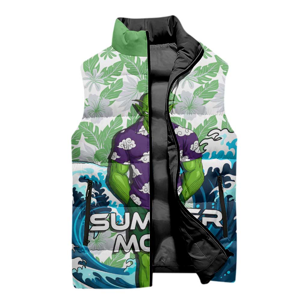 Piccolo Dragon Ball Summer Theme Sleeveless Puffer Jacket with Tropical Shirt Shenron Background and Ocean Wave Design - The Mazicc