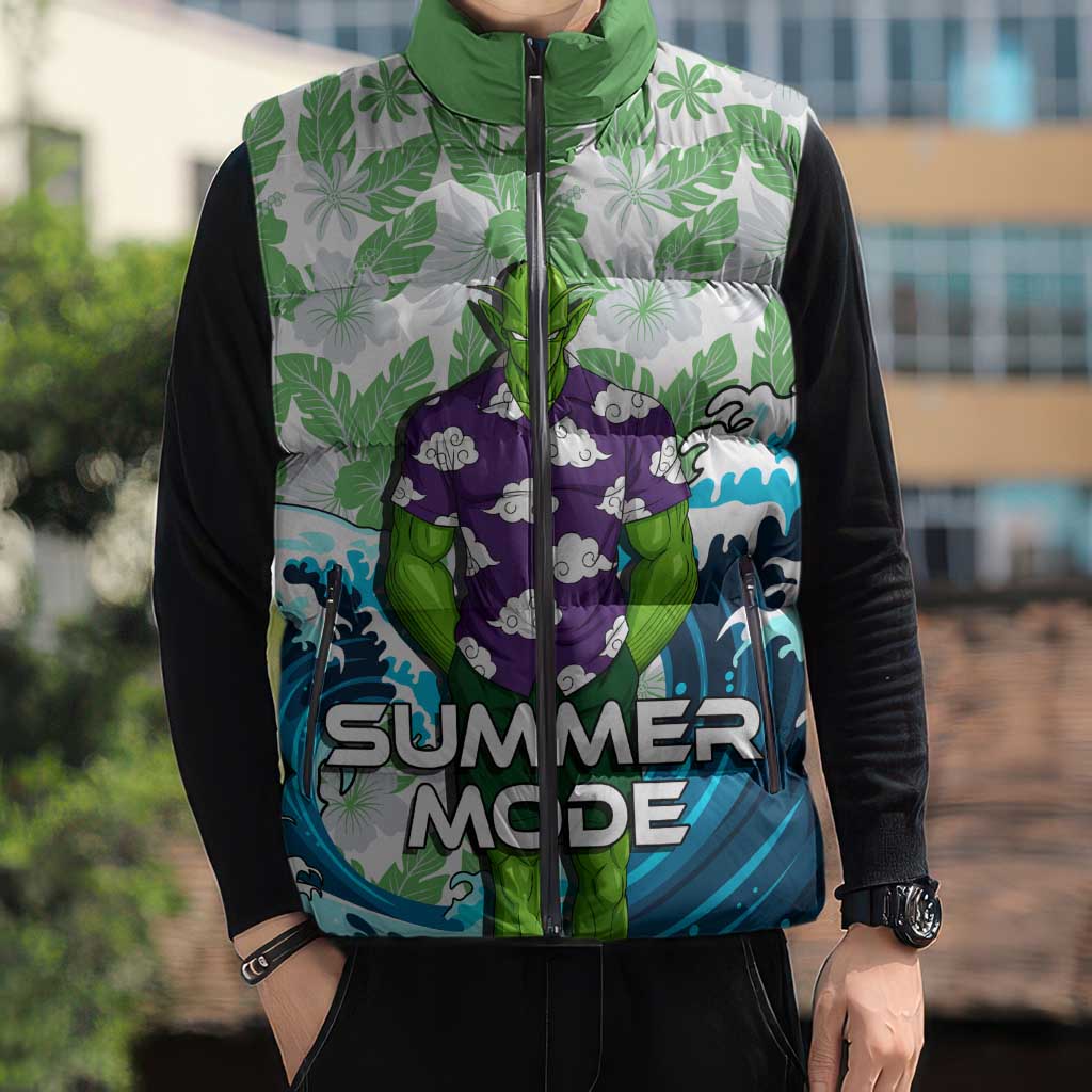Piccolo Dragon Ball Summer Theme Sleeveless Puffer Jacket with Tropical Shirt Shenron Background and Ocean Wave Design - The Mazicc