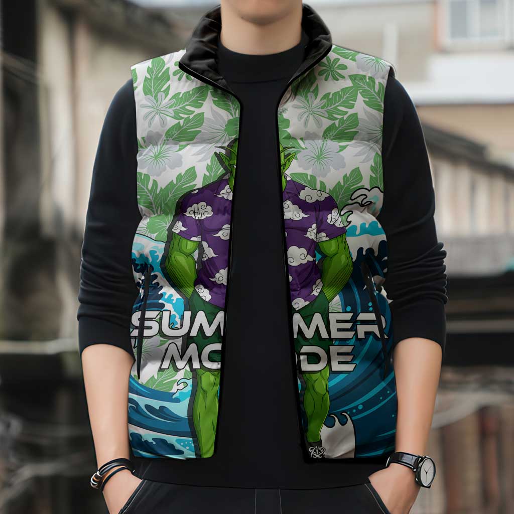 Piccolo Dragon Ball Summer Theme Sleeveless Puffer Jacket with Tropical Shirt Shenron Background and Ocean Wave Design - The Mazicc