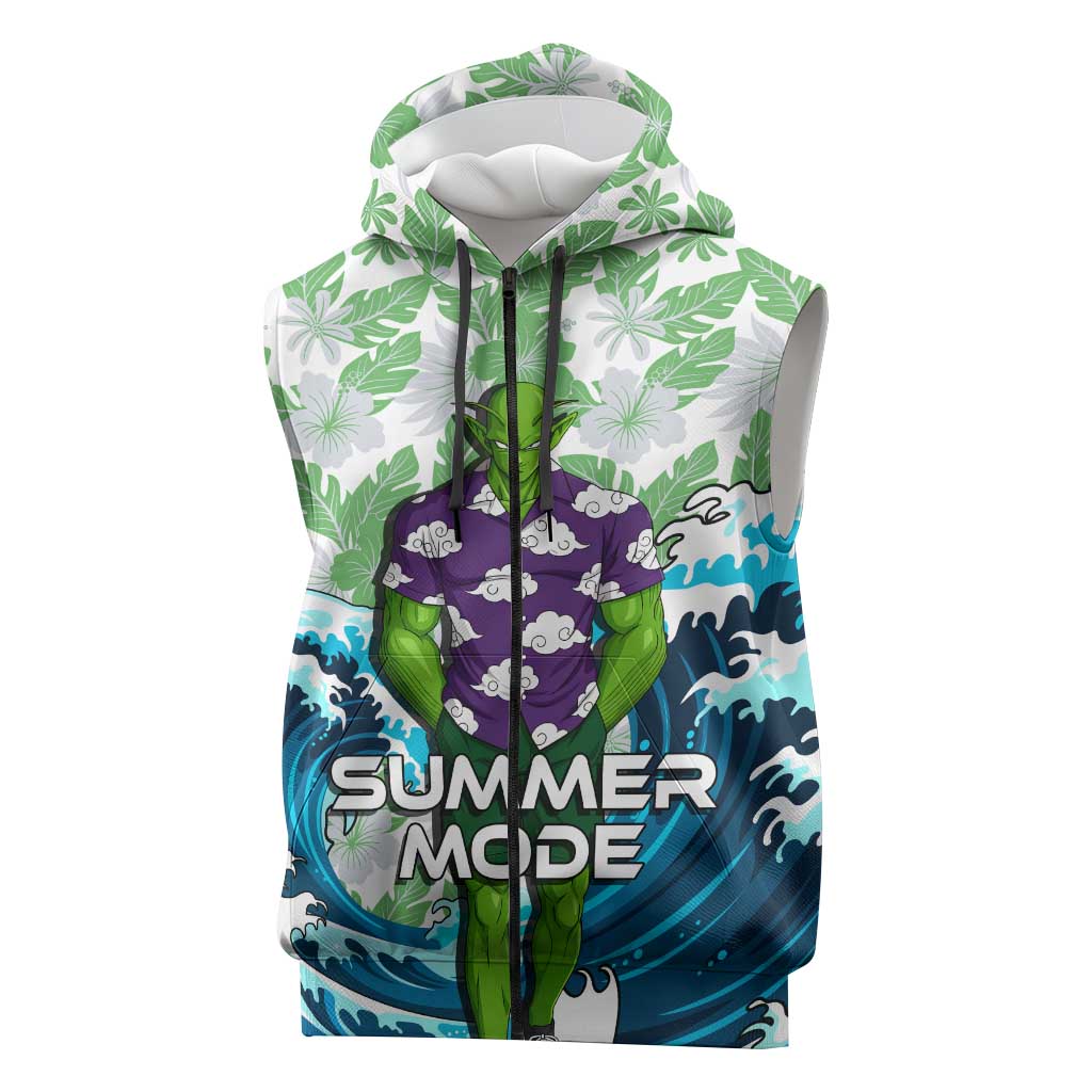 Piccolo Dragon Ball Summer Theme Sleeveless Zip Hoodie with Tropical Shirt Shenron Background and Ocean Wave Design - The Mazicc