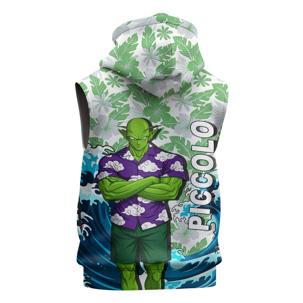 Piccolo Dragon Ball Summer Theme Sleeveless Zip Hoodie with Tropical Shirt Shenron Background and Ocean Wave Design - The Mazicc