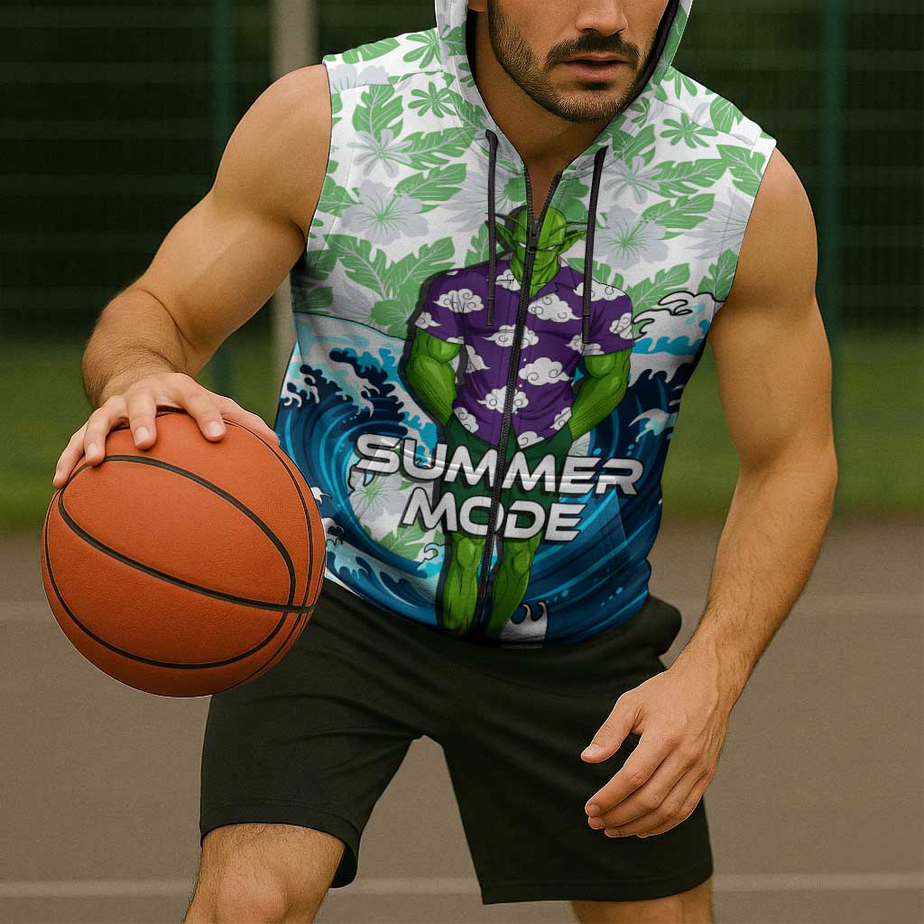 Piccolo Dragon Ball Summer Theme Sleeveless Zip Hoodie with Tropical Shirt Shenron Background and Ocean Wave Design - The Mazicc