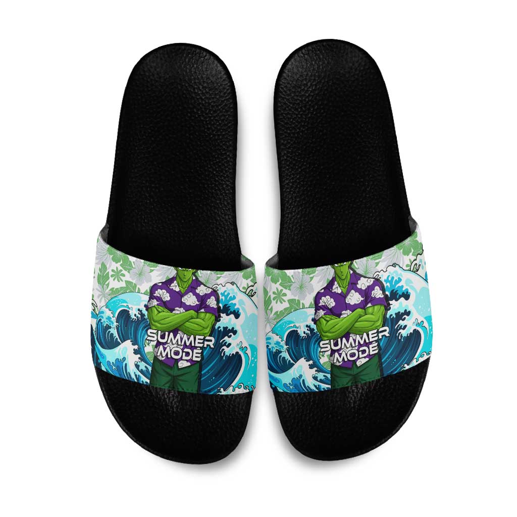 Piccolo Dragon Ball Summer Theme Slide Sandals with Tropical Shirt Shenron Background and Ocean Wave Design - The Mazicc