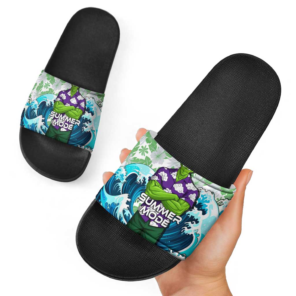 Piccolo Dragon Ball Summer Theme Slide Sandals with Tropical Shirt Shenron Background and Ocean Wave Design - The Mazicc