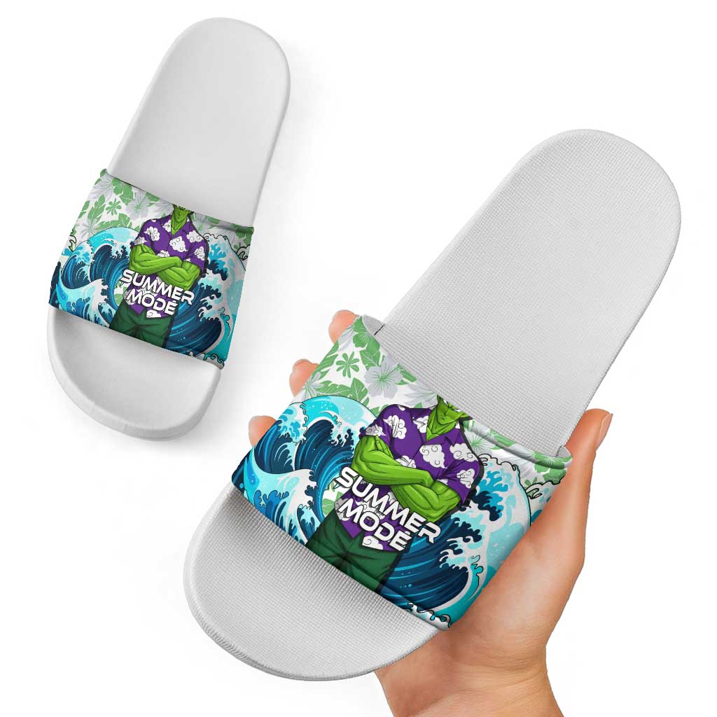 Piccolo Dragon Ball Summer Theme Slide Sandals with Tropical Shirt Shenron Background and Ocean Wave Design - The Mazicc