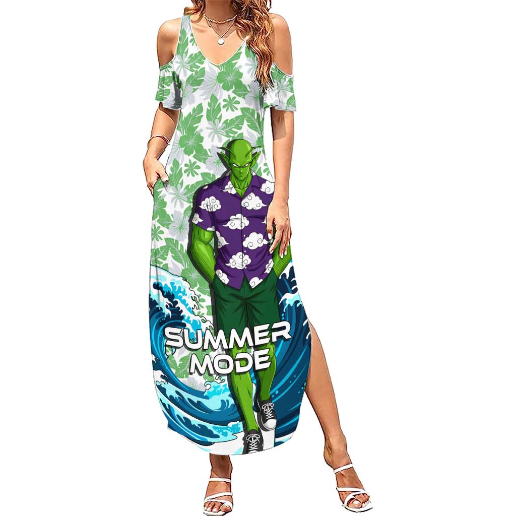 Piccolo Dragon Ball Summer Theme Summer Maxi Dress with Tropical Shirt Shenron Background and Ocean Wave Design - The Mazicc