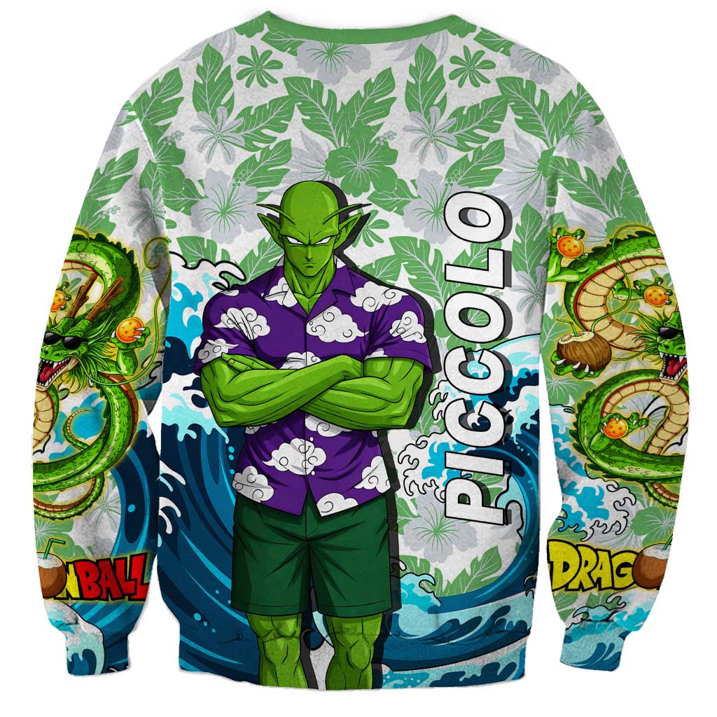 Piccolo Dragon Ball Summer Theme Sweatshirt with Tropical Shirt Shenron Background and Ocean Wave Design - The Mazicc
