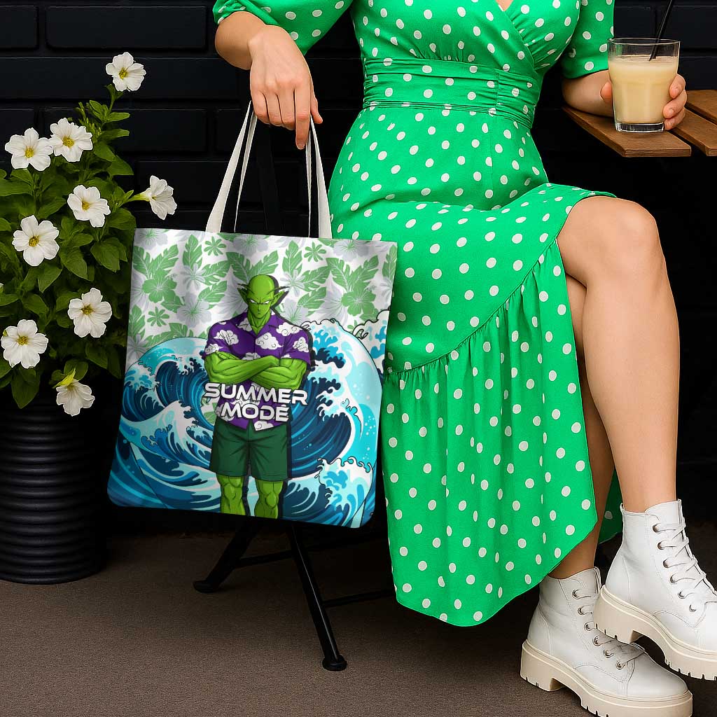 Piccolo Dragon Ball Summer Theme Tote Bag with Tropical Shirt Shenron Background and Ocean Wave Design - The Mazicc
